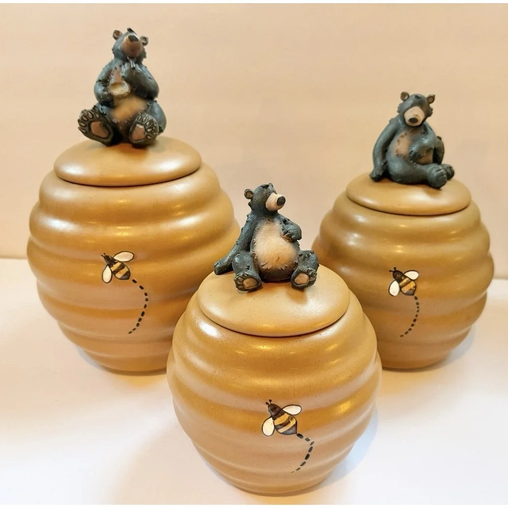 Honour Black Bear Honey Beehive 3 Piece Canister Set Ceramic Tan Brown Kitchen